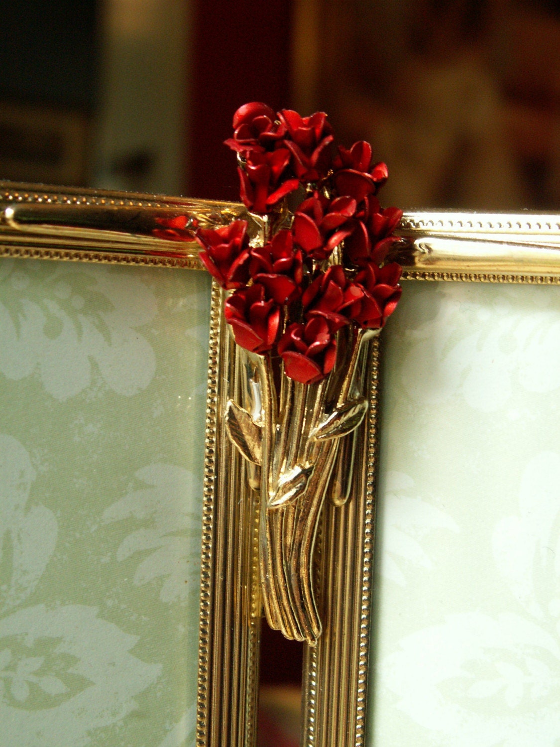 Vintage Double 8x10 Gold Metal Picture Frame Embellished with a Vintage Rose Jewel