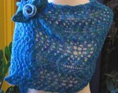 Blue Waves Handknit Lace  Wrap  with Flower Corsage Brooch