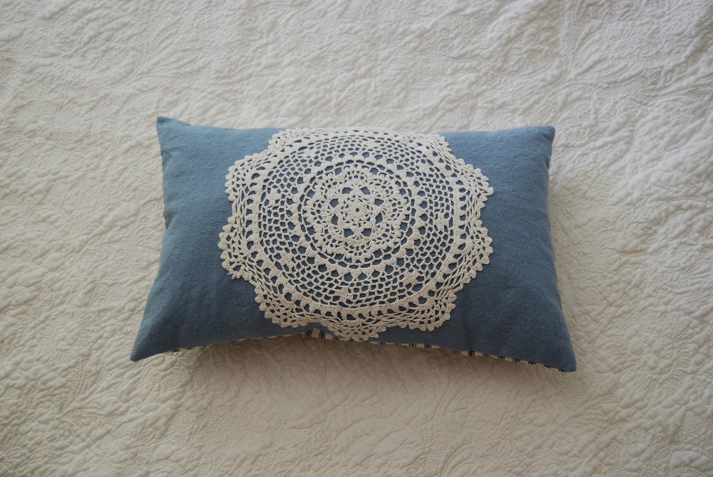 Travel pillow light blue hemp cushion vintage doily and ticking kapok small