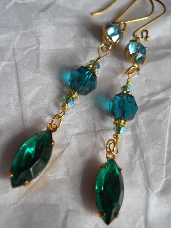 Mer Turquoise ocean blue teal rhinestone 24k gold vermeil emerald crystal long earrings