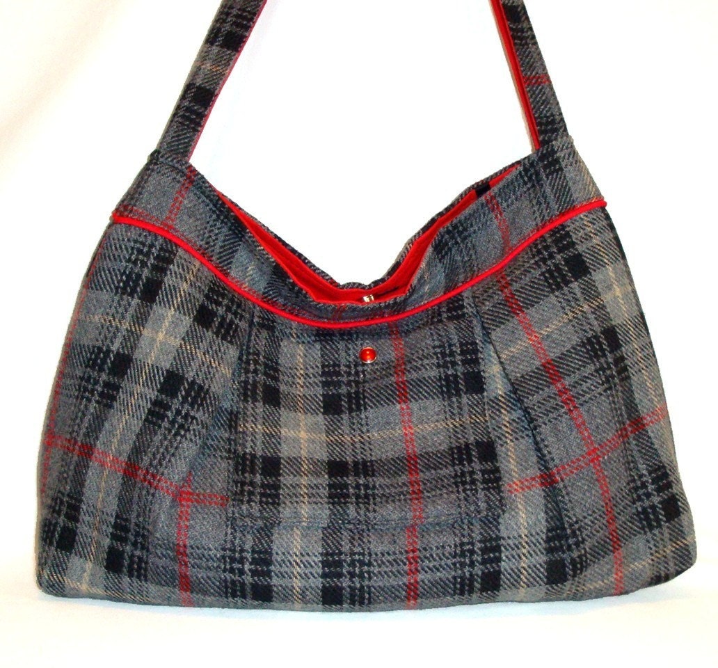Gray and Red Plaid Wool Large Pleated Shoulder Bag with Magnetic Snap