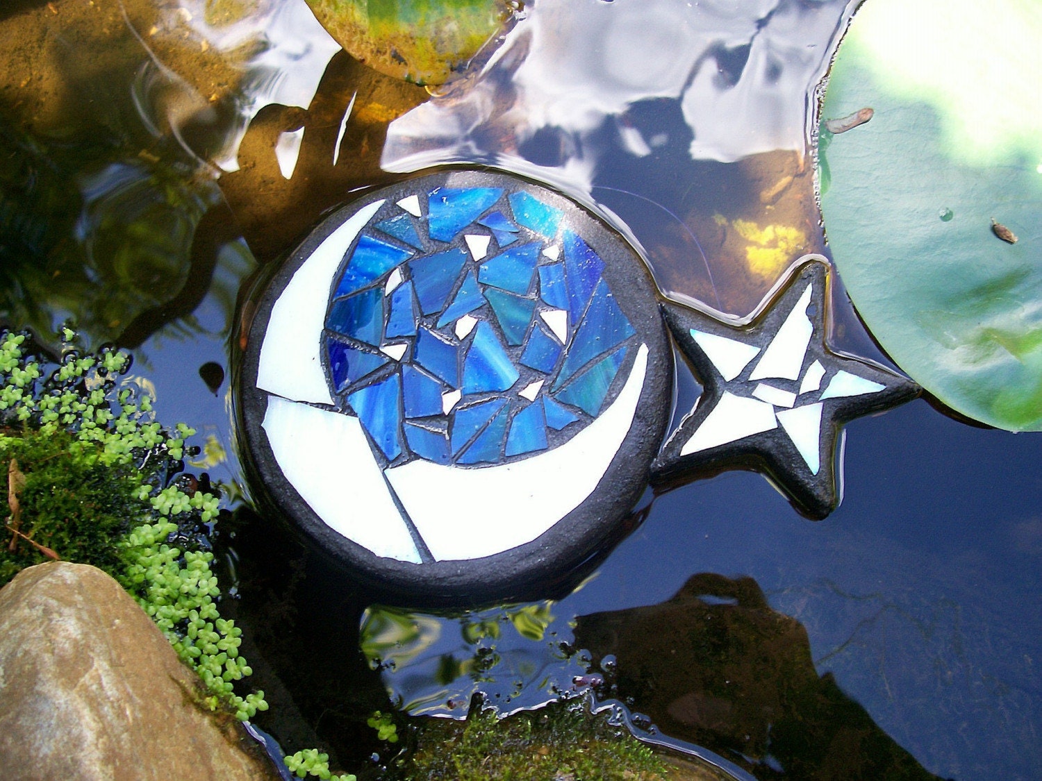 Moon and Star, Floating Glass Art Sculpture, for Water Gardens, Outdoor Rooms, Home Decor