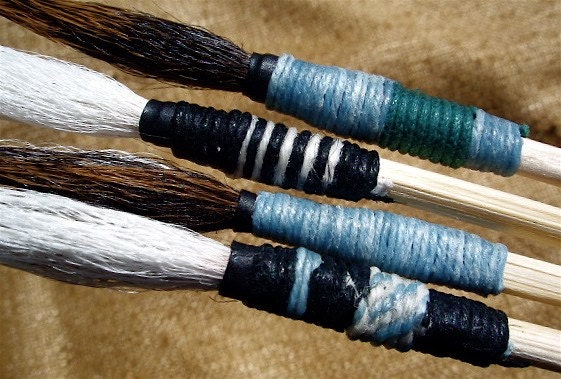 Paintbrush of Brown and White Deer Hair, with Blue, Black and White Linen