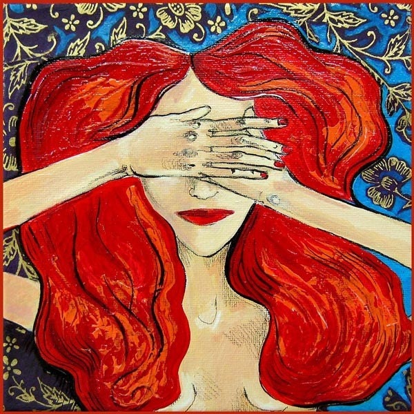 Reproduction - The Red haired girl - 8x8, print of original artwork triptych Hear no evil, speak no evil, see no evil