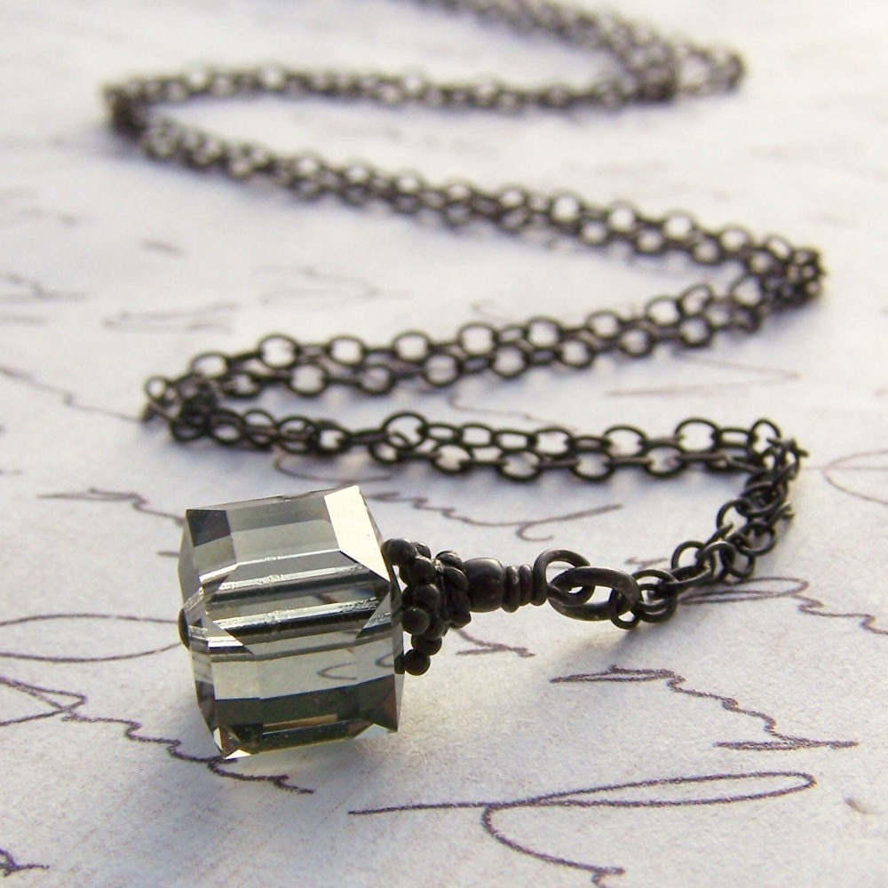 Midnight Necklace. Swarovski Black Diamond Cube and Sterling Silver. Free Shipping Sale