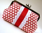 Snap purse - polka dots on red with lace and ribbon