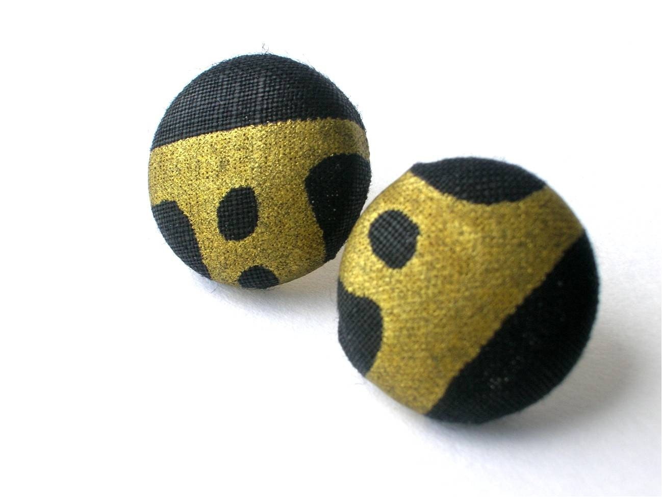 African Print black and metallic Gold Ear Buttons Earrings