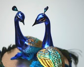 Peacock Cake Topper with glass peacock and peahen couple   -SALE-