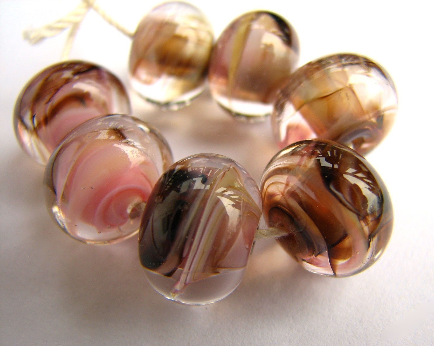 MeadowSky - Victorian pink and tan lampwork bead set of 6