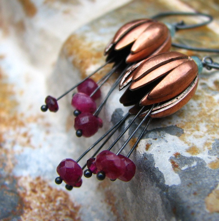 Forbidden Fruit - ruby and vintage brass flower earrings