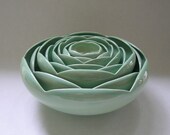 Eight Nesting Ranunculus Rose Flower Ceramic Bowls in Green