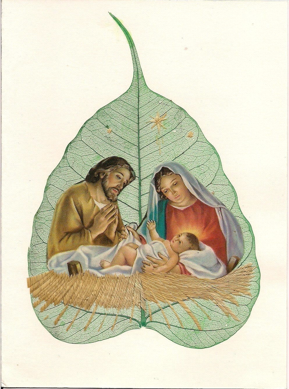 Baby Jesus, Mary Joseph Leaf art. No two leaf are exactly alike.  Ancient & endangered leaf art