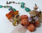 Spring to Life Wire Wrapped 5 Flowers Necklaces/Earrings Set (Coral, chalcedony, peach, orange, green)