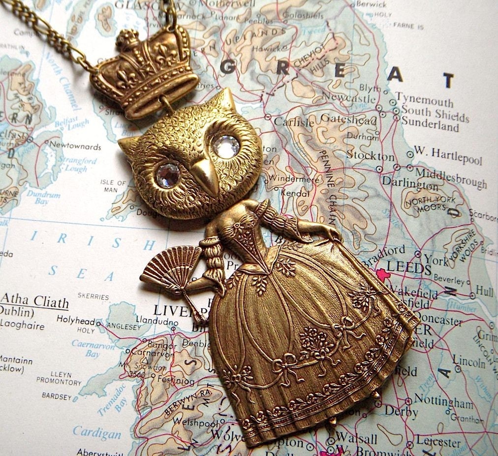 Steampunk Necklace Owl Queen - Victorian Sideshow Gothic Carnival - Brass Crown and Real Swarovski Crystal Eyes - Original Design by Cosmic Firefly