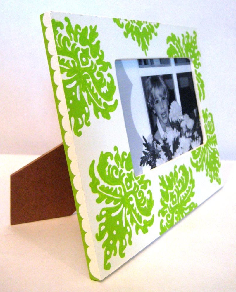 Hand Painted 4X6 Lime Green and White Damask Picture Frame