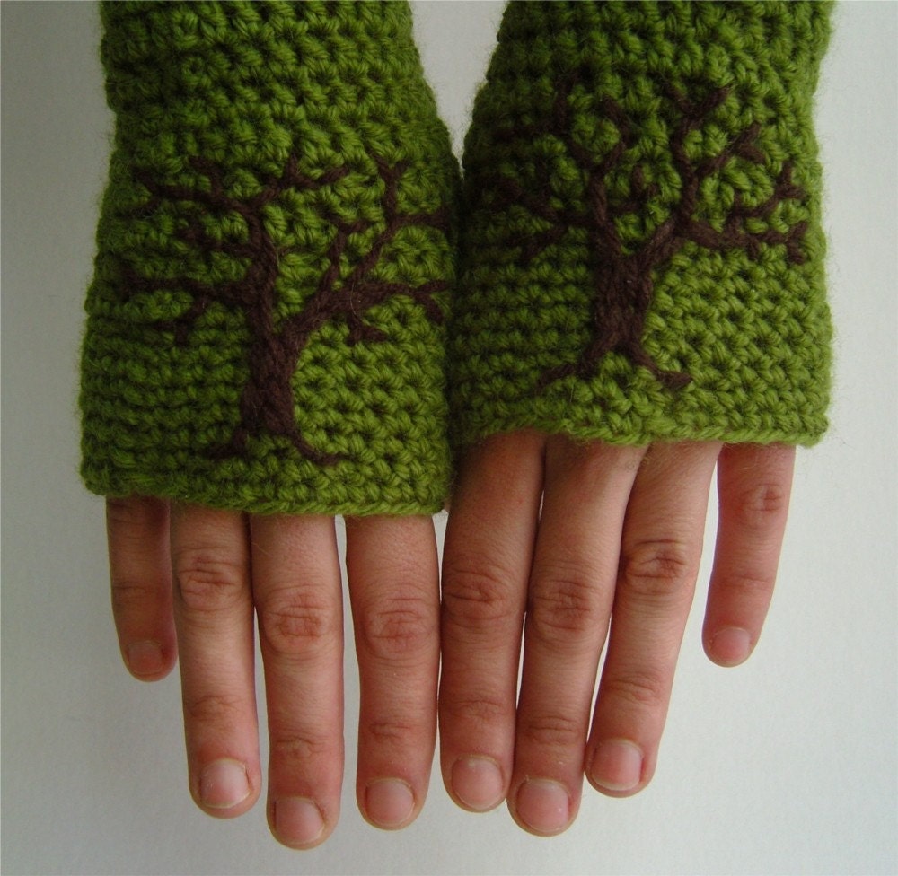 Armwarmers with Tree Design - Wool Acrylic Avocado Green and Dark Brown