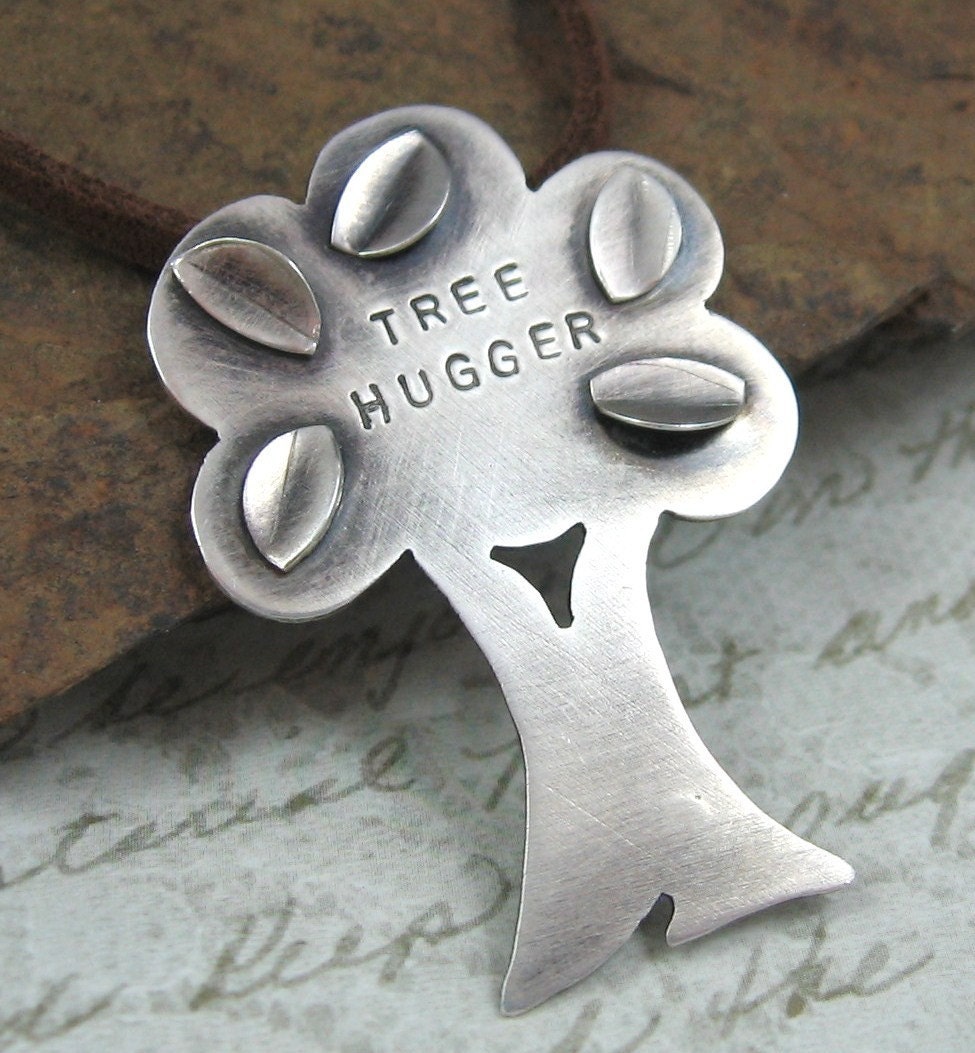 TREE HUGGER oxidized sterling silver pendant on leather or silk - FREE SHIPPING