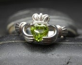 Claddagh ring with a heart shape Peridot in sterling silver