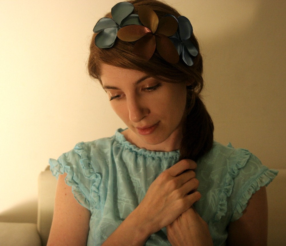 Floral Fascinator, vintage flair headband, with copper brown leather, sage green and light blue satin flowers