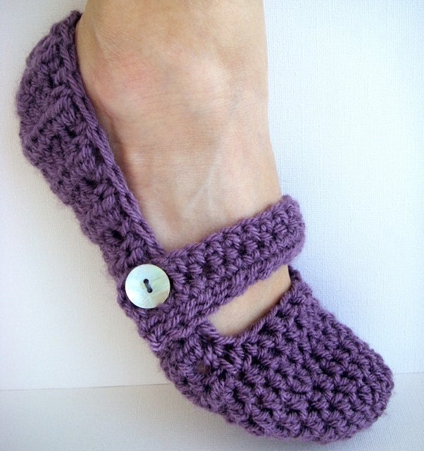 Womens Crochet Mary Janes Slippers- Lilac (Sz 7-10)