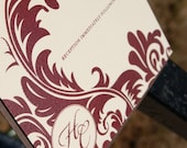Ivory, Cranberry and Chocolate Brown Damask Thermography Wedding Invitation Set SAMPLE