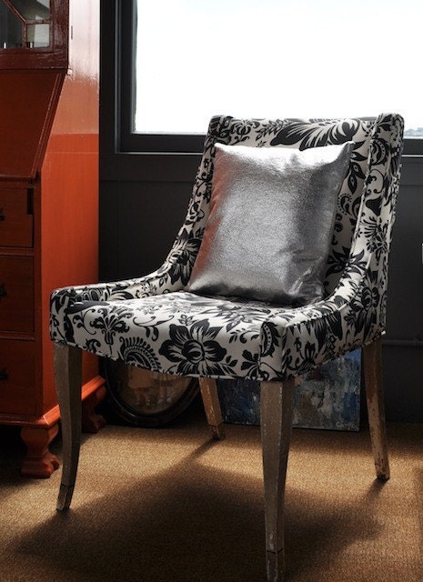 Bold Black and White Floral Print Mid-Century Side Chair