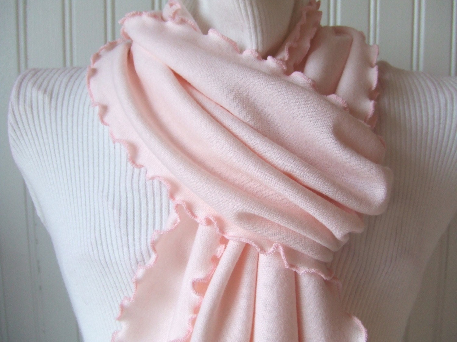 Pale Pink Knit Ruffled Scarf