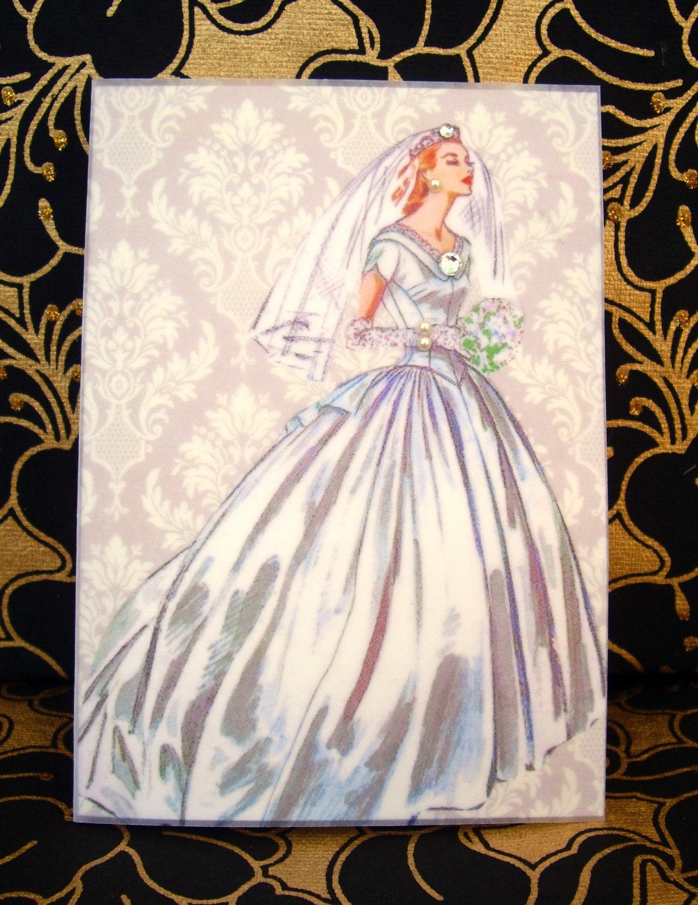 Kathryn Wedding Card / Vintage Printed Collection / 50s Glamour Girl / Handmade Greeting Card