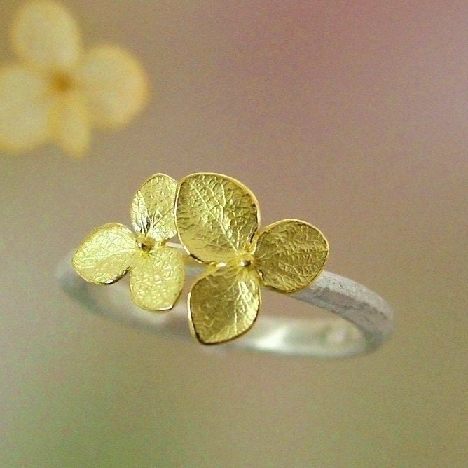 Hydrangea Blossom Flower Ring 18k Gold and Sterling Silver, Made to order