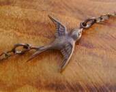 Flying Home Necklace- Vintaj Natural Brass Sparrow Bird on Dainty Vintaj Chain and Lobster Clasp