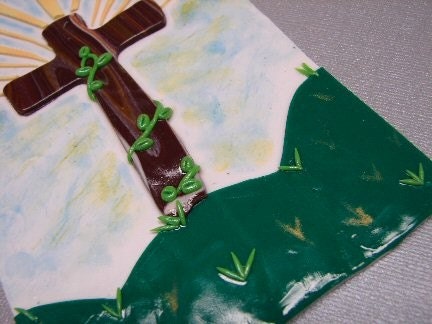 EASTER CROSS on a HILL Tiled Polymer Clay WALL ART - 4x6 Picture
