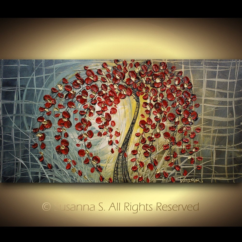 ORIGINAL Abstract Tree Large Contemporary Fine Art Modern Red Flowers Goth Palette Knife Impasto Painting by Susanna 48x24