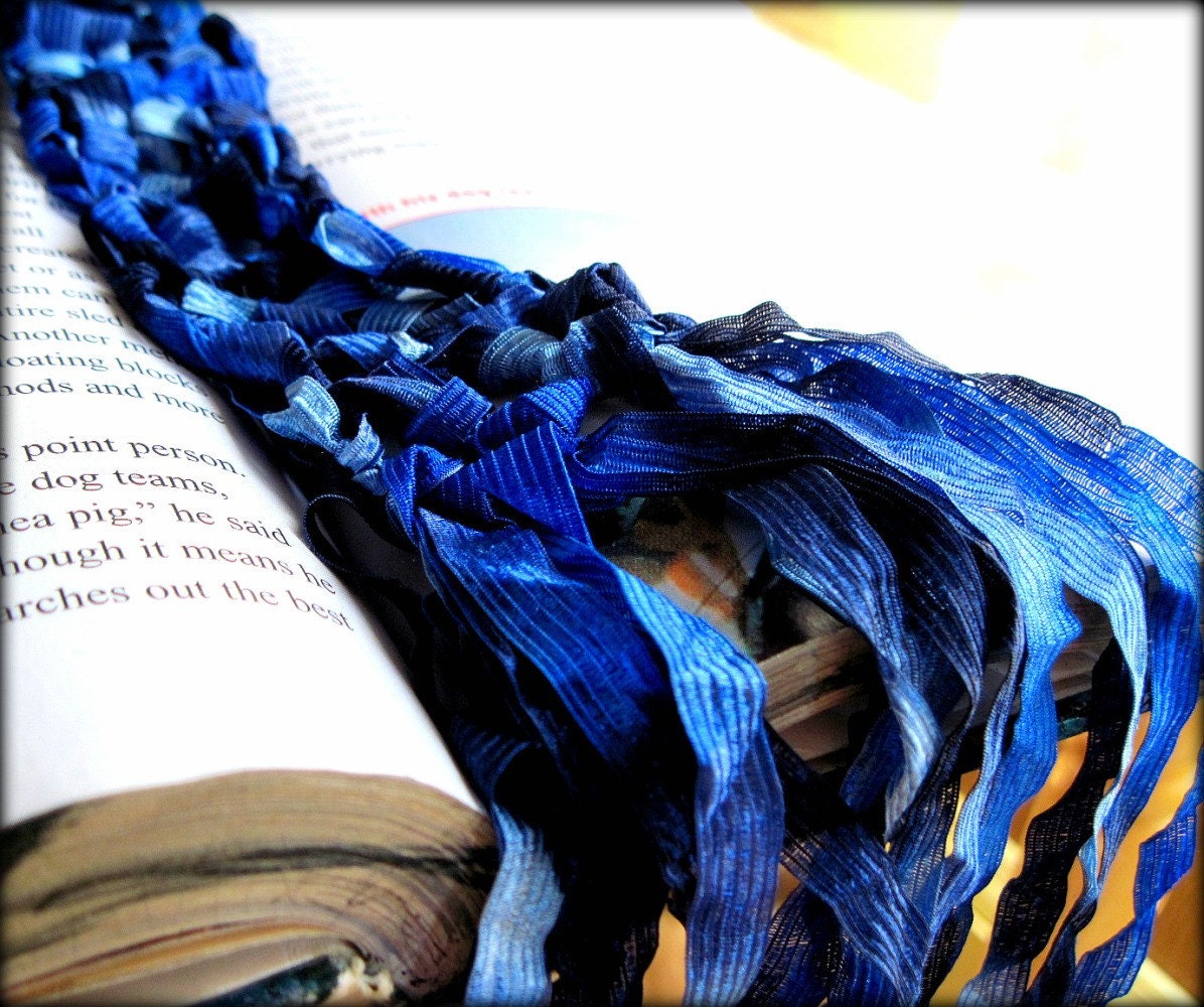 Crocheted Scarf - blue ribbon All Skinny Scarves Are Buy One Get One Half Off