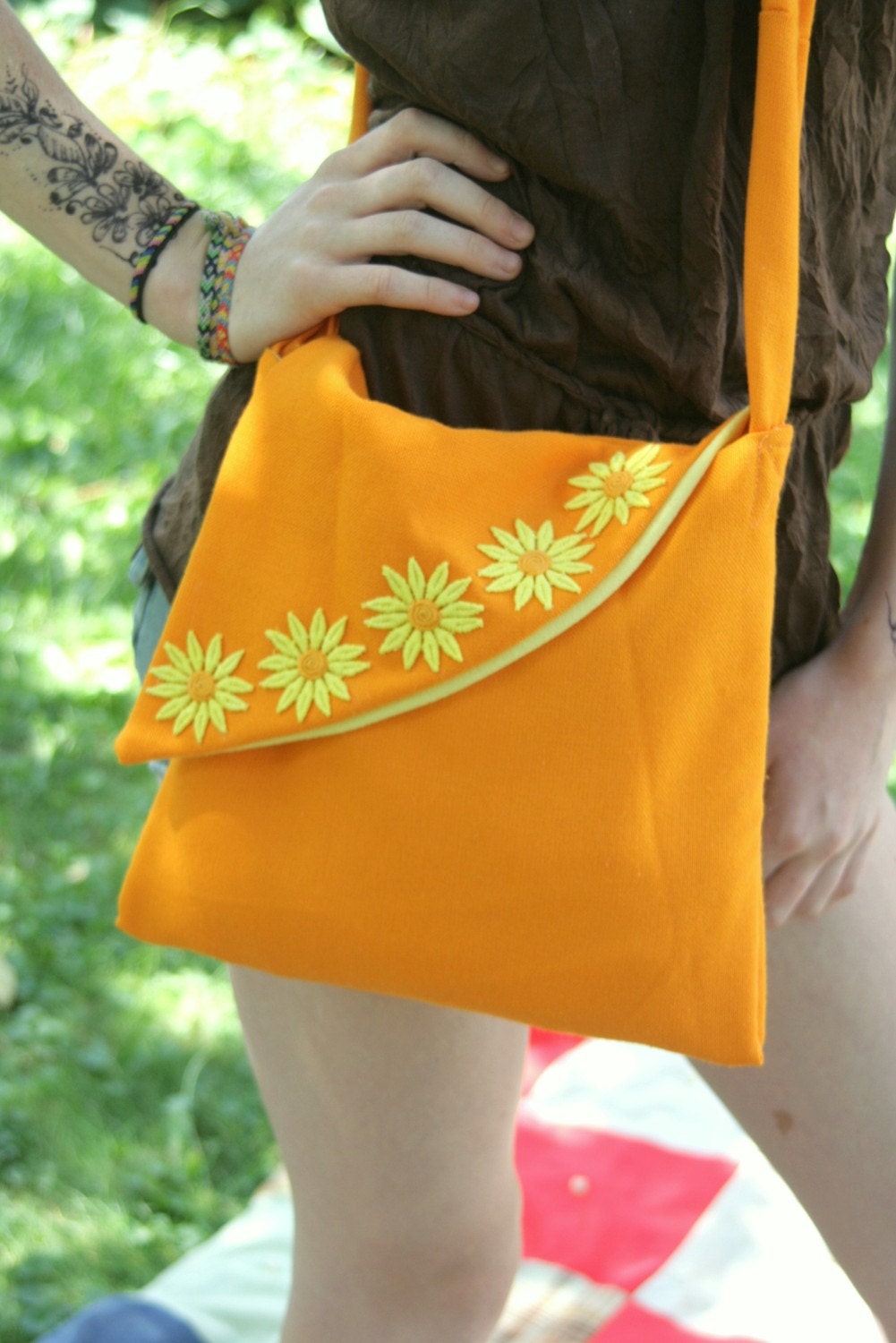 Eco Friendly Handmade Messenger Bag Orange Recycled TableCloth Daisies