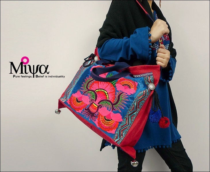Miyabags Shiny red--Embroidery Tote Shoulder Message bag