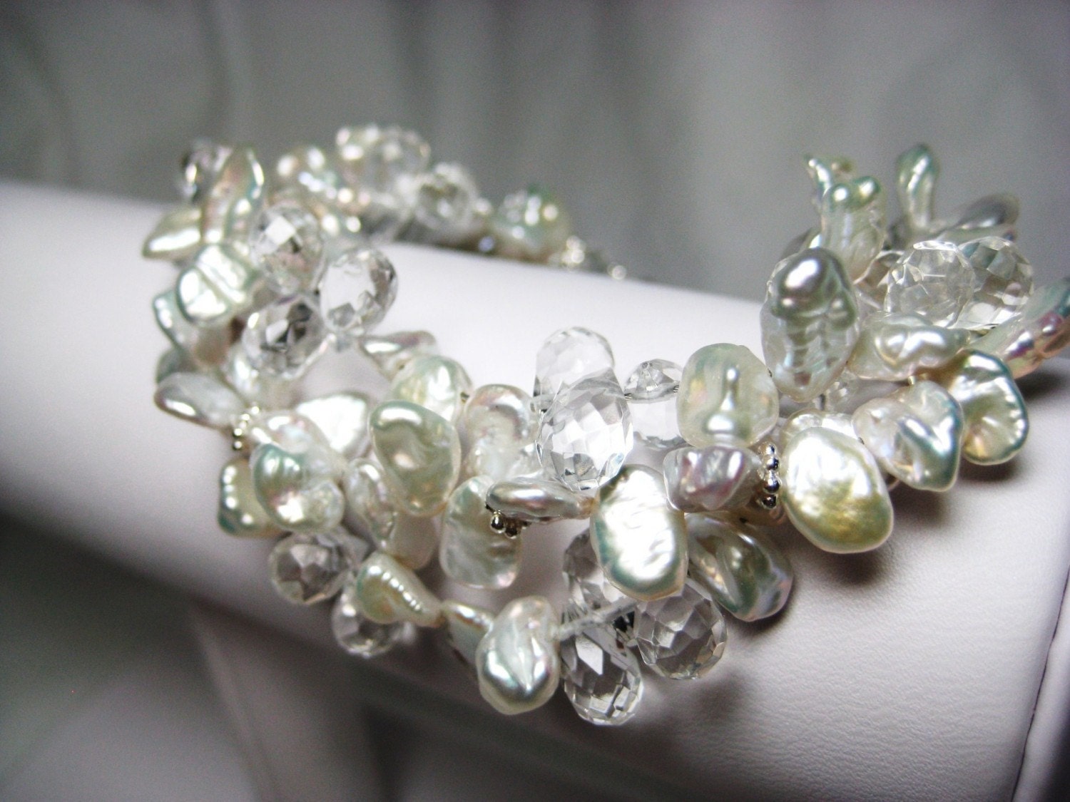 Alya Bracelet - White Keishi Pearls, 3 Strand, Clear, Bridal, Free Shipping, Made to Order