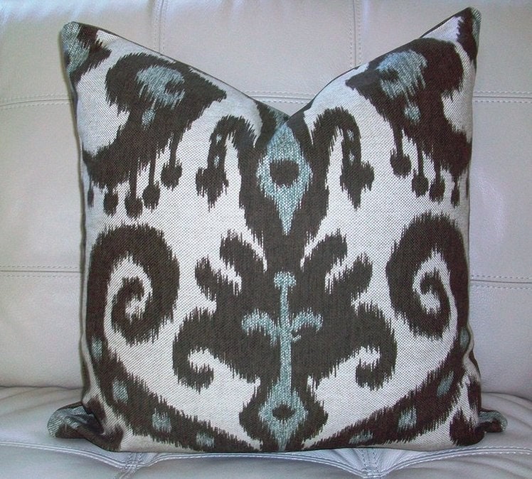 Decorative Designer Pillow Cover 18X18 - IKAT Print in Chocolate Brown, Aqua Blue on Natural Background