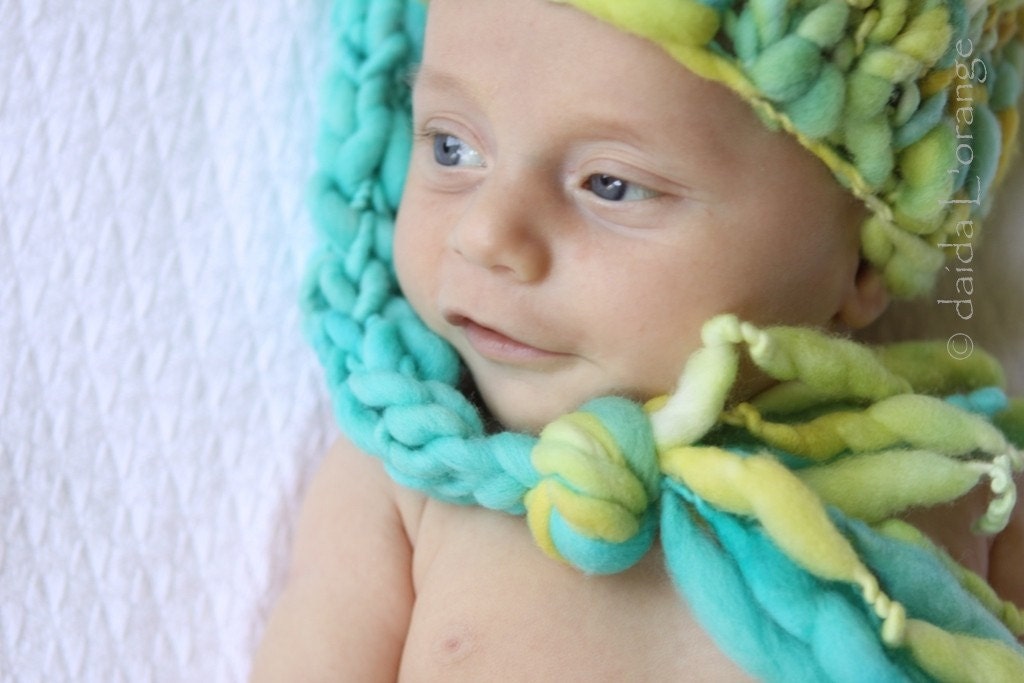 OOAK Newborn Long-Tail Stocking Hat - Dual-Tone Yellow Green Teal - Summer Collection