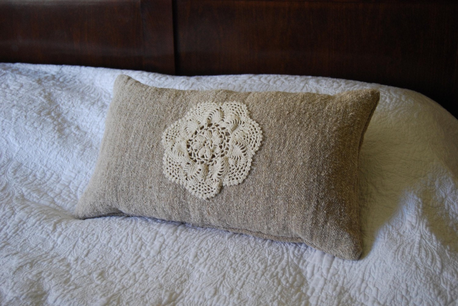 Antique oatmeal hemp and vintage doily pillow with kapok filling handmade