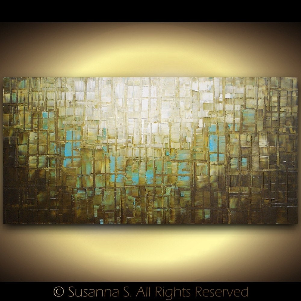Abstract brown blue modern textured palette knife oil impasto painting fine art by Susanna large 48x24
