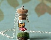 Tiny Woodland Terrarium Mushroom and Monarch Butterfly Necklace