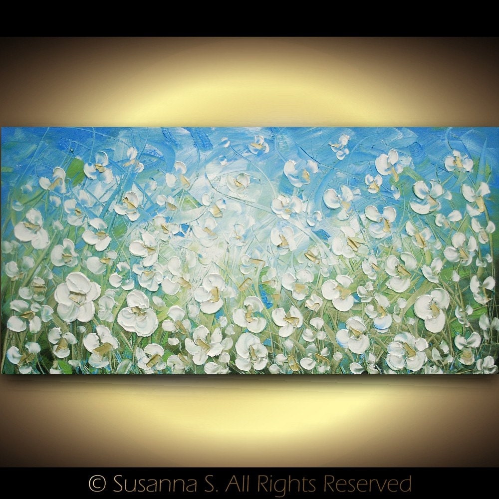 White Flowers Large Abstract Oil Painting ORIGINAL Contemporary Floral Palette Knife Impasto by Susanna 48x24