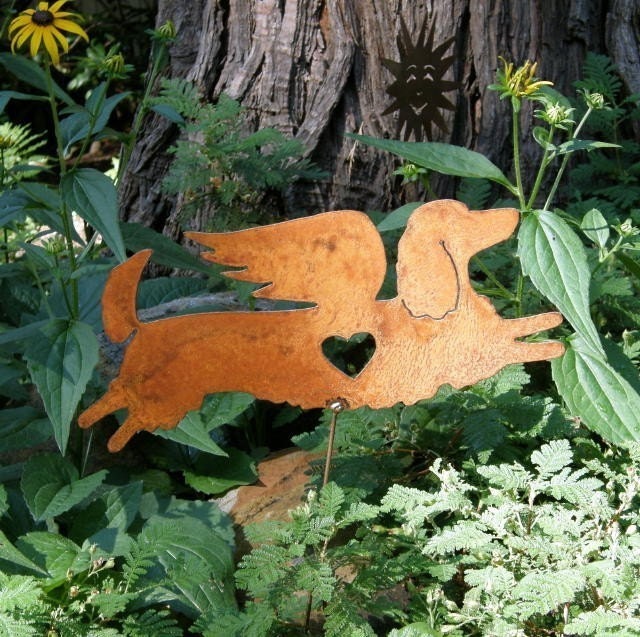 Rusty Finish Long Haired Dachshund Dog Angel Memorial Garden Art Stake