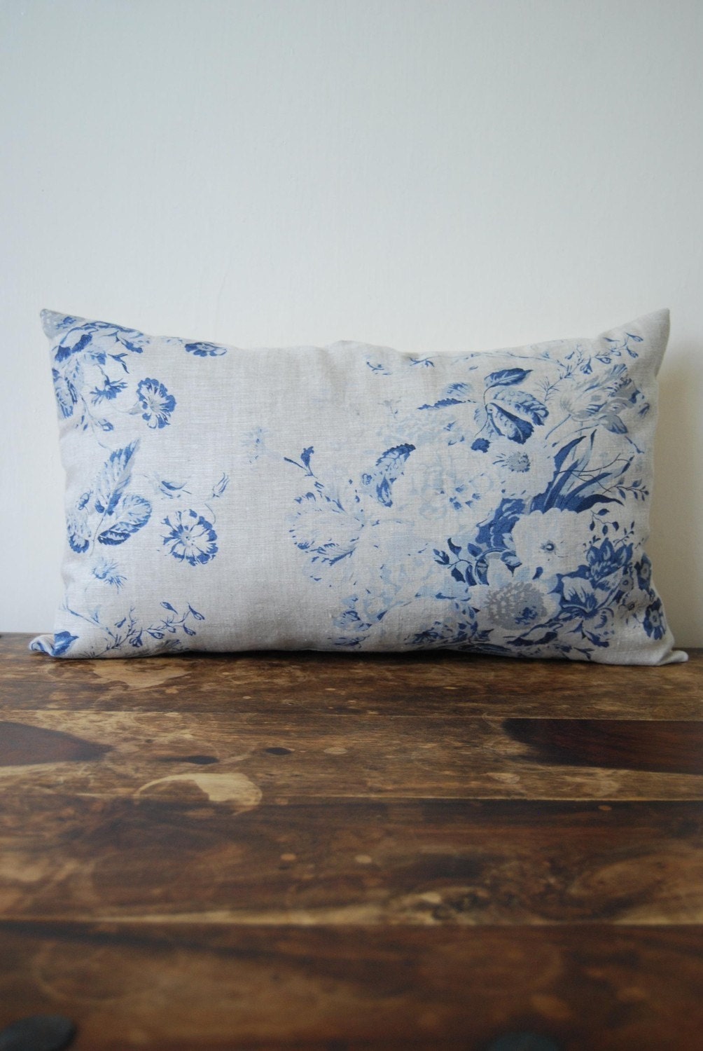 Shabby chic pillow floral blue and white roses linen cushion with kapok