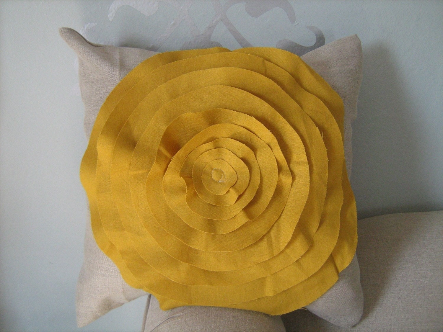 French Rose  Pillow in Oatmeal Linen with Mustard Yellow Rose