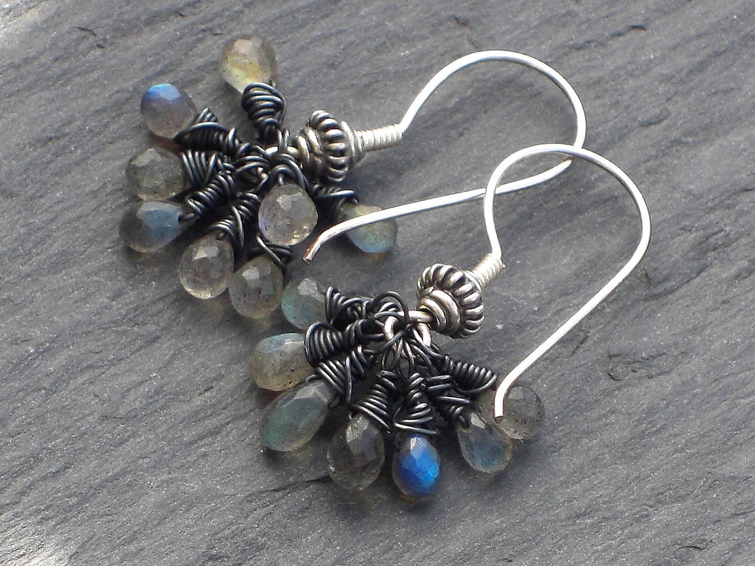 Storm, Labradorite Briolette Cluster Oxidised Sterling Silver Earrings