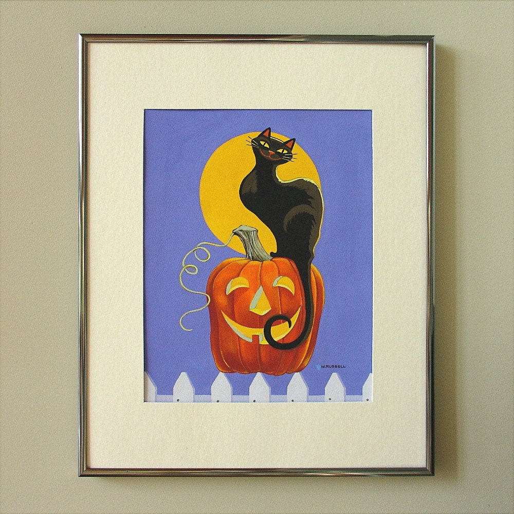 Halloween Original Painting Black Cat on Jack-O-Lantern