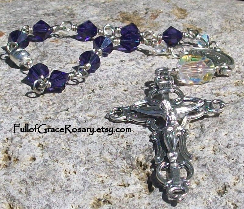 Purple Swarovski Crystal MAGNETIC CAR ROSARY with Miraculous Medal and Ornate Crucifix