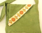 Eco Friendly Handmade Bag Linen Fabric Olive Green Retro Floral Trim