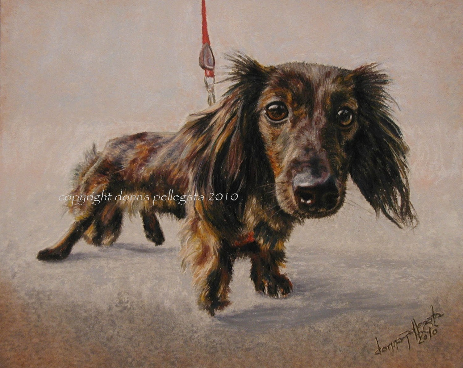 Dachshund on leash signed dog pet animal portrait painting print Donna Pellegata